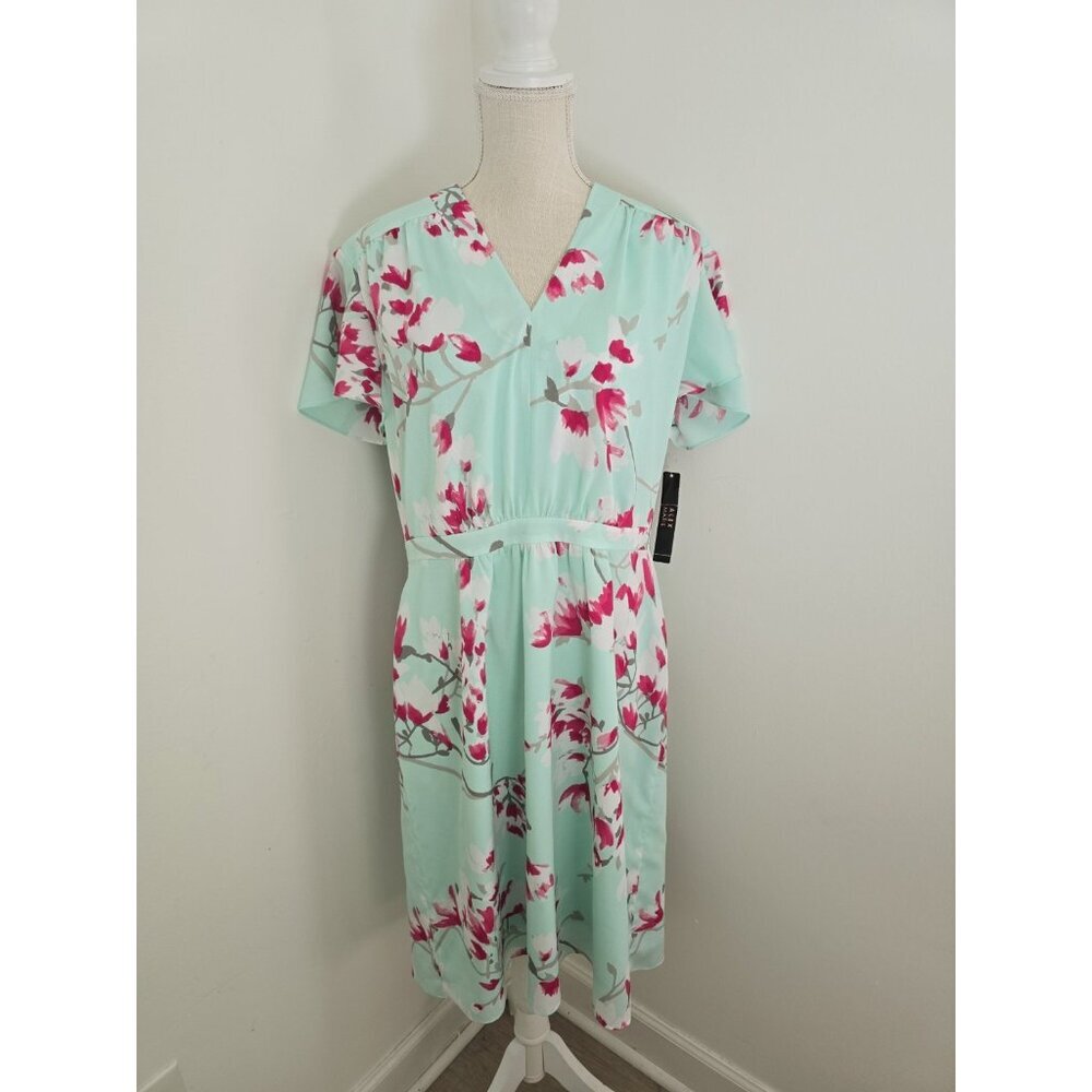 Alex Marie Elise Mint Green Pink Floral Flutter Sleeves V-Neck Dress 14 Large L